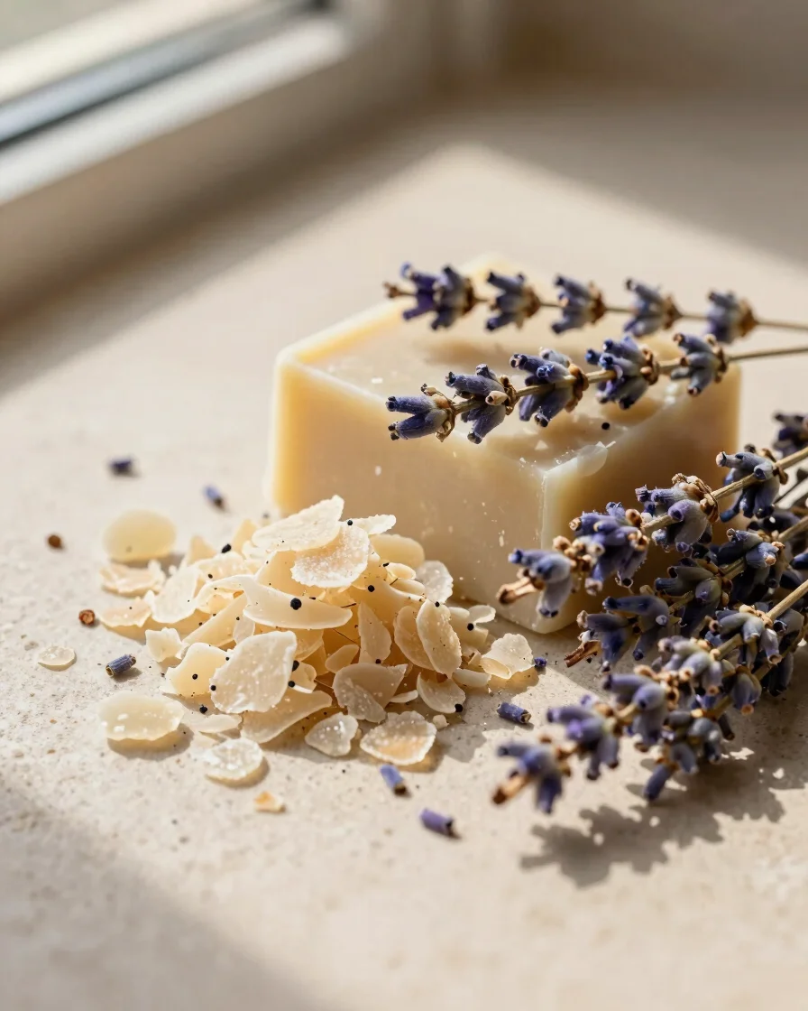 Close-up portrait of natural soy wax flakes and dried lavender bo