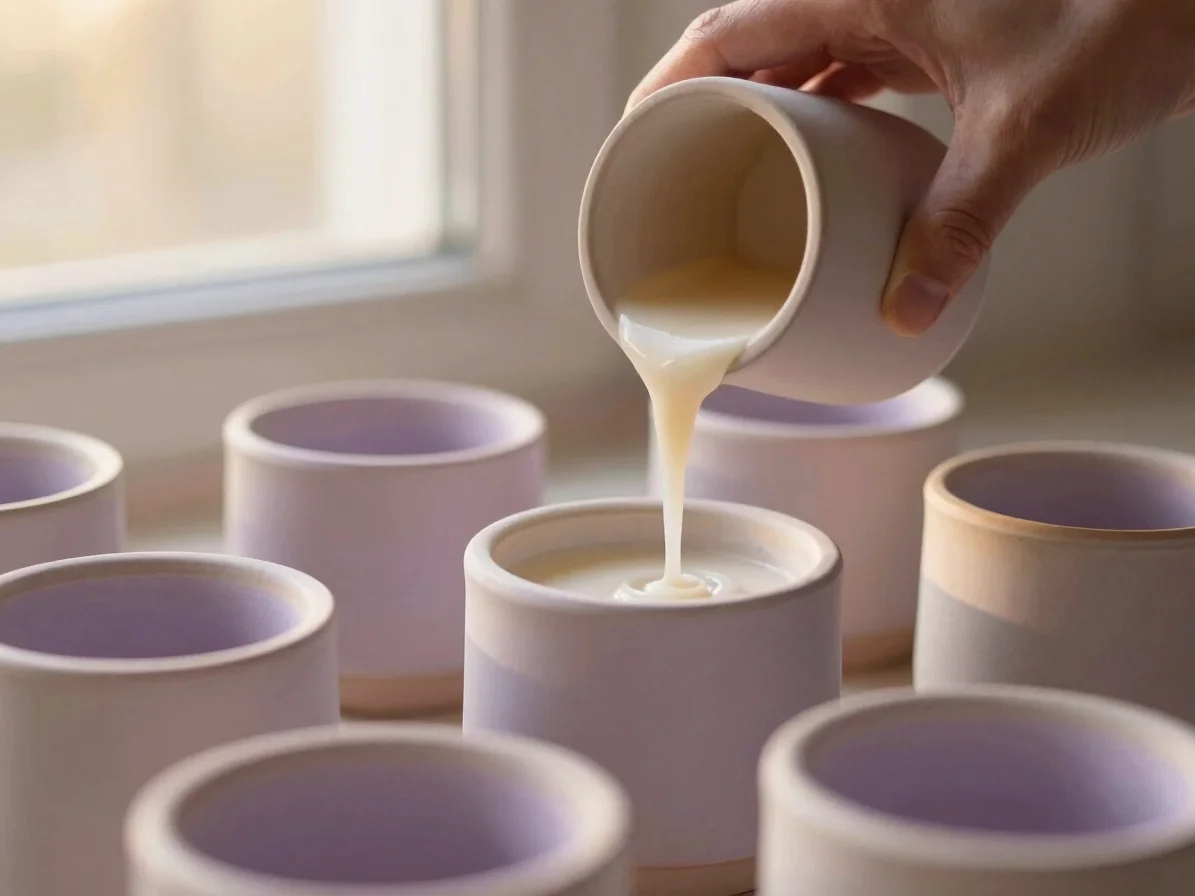 Soft muted lavender and beige aesthetic, hand pouring natural soy wax into ceramic vessels, golden hour sunlight, shallo
