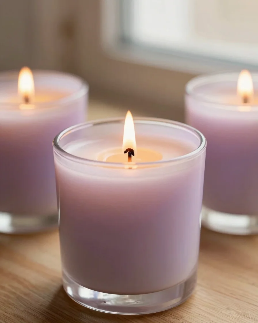 Close up view of burning soy wax candle on natural wooden surface