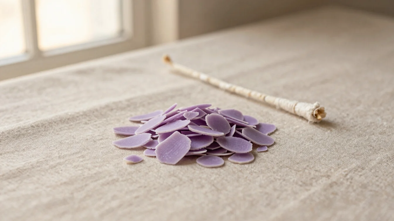 Natural raw soy wax flakes and organic cotton wicks on textured linen surface, neutral beige tones