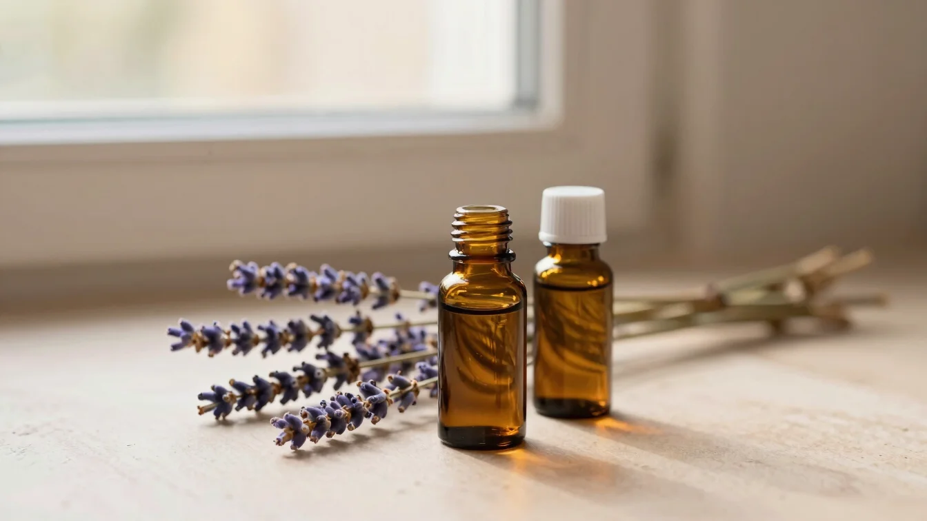Essential oil amber glass bottles next to dried lavender sprigs, soft sunlight, beige and lavender tones