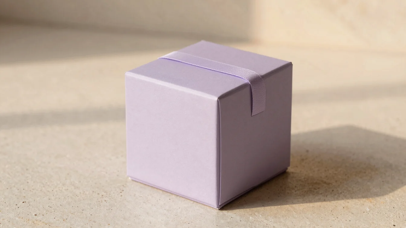 Minimalist eco friendly candle box packaging with subtle ribbon details on sandy stone background