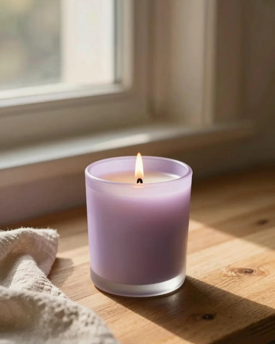 Hand-poured soy wax candle burning gently on a natural warm woode